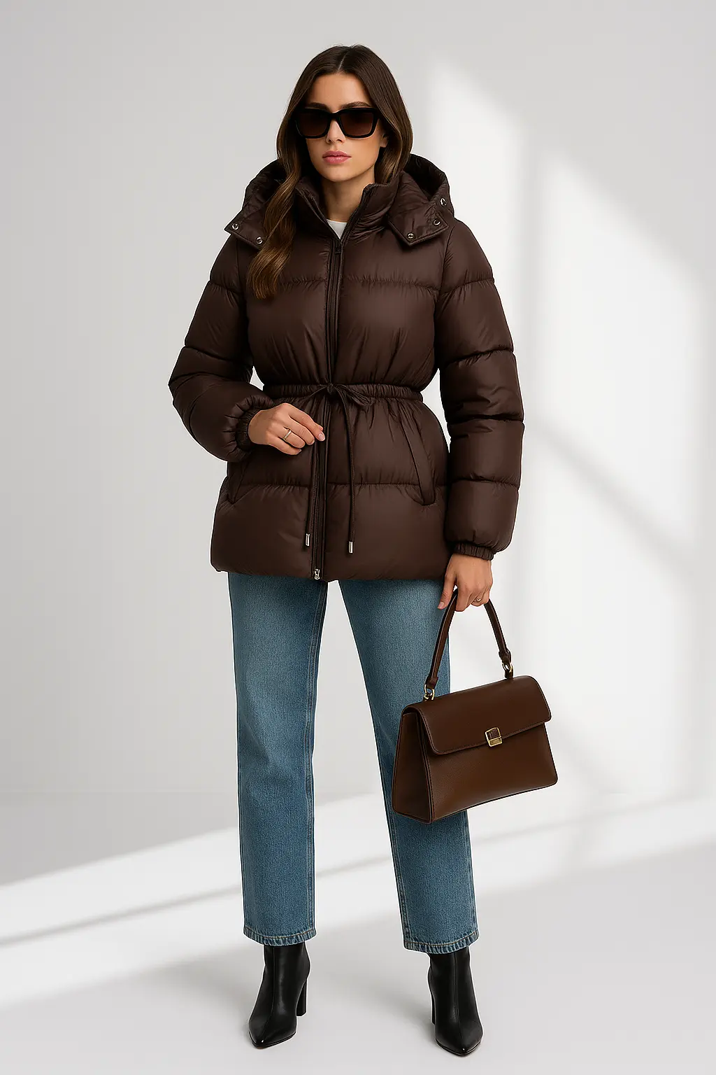 Noella Women’s Puffer Jacket – Warm Stand Collar Coat with Belt & Detachable Hood