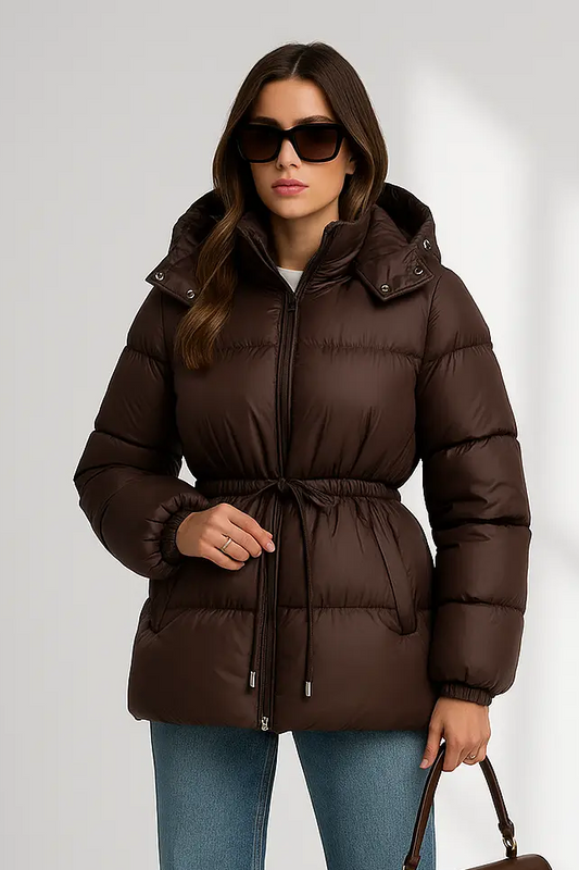 Noella Puffer Women’s Winter Jacket – Warm Stand Collar Coat with Belt & Detachable Hood Lumenhaus Collective