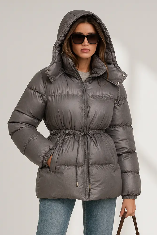 Noella Puffer Women’s Winter Jacket – Warm Stand Collar Coat with Belt & Detachable Hood Lumenhaus Collective