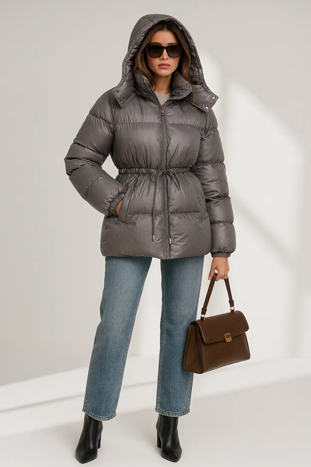 Noella Women’s Puffer Jacket – Warm Stand Collar Coat with Belt & Detachable Hood