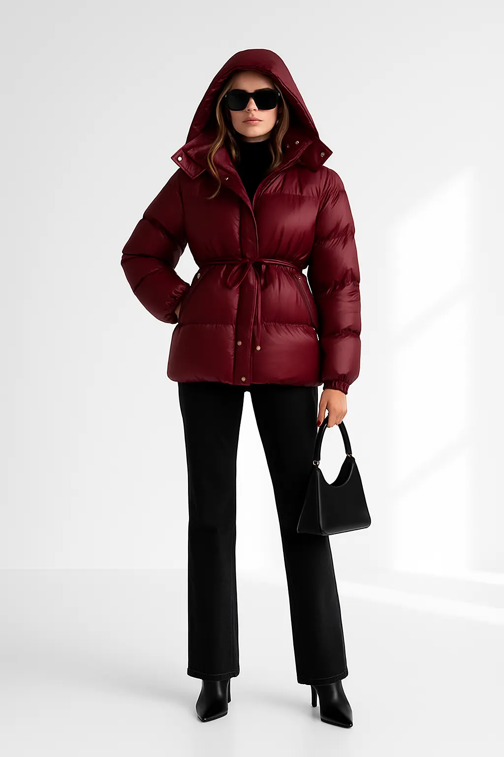 Noella Women’s Puffer Jacket – Warm Stand Collar Coat with Belt & Detachable Hood