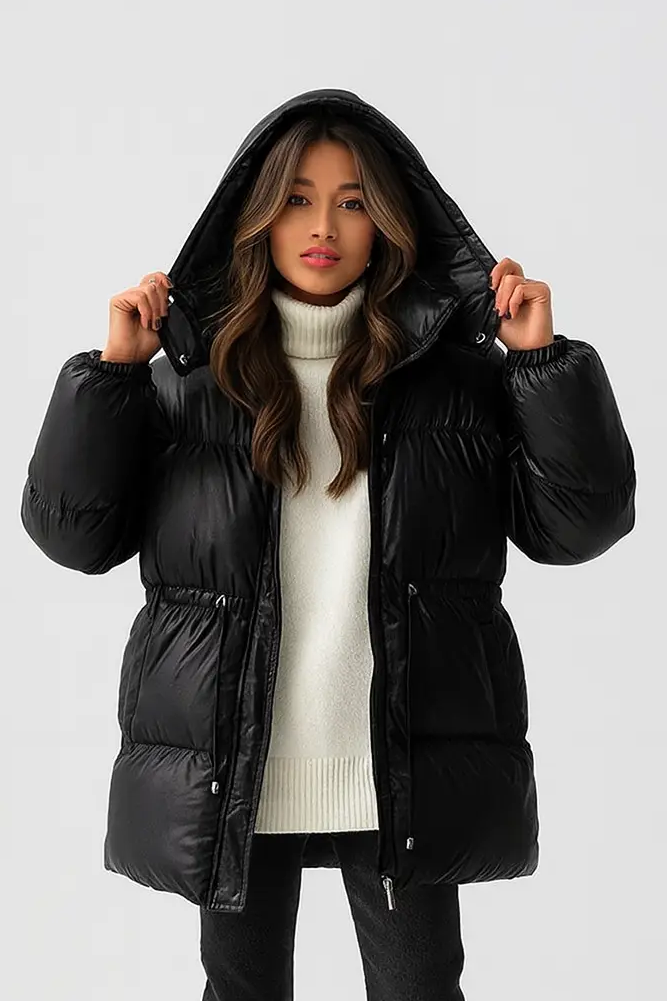 Noella Puffer Women’s Winter Jacket – Warm Stand Collar Coat with Belt & Detachable Hood Lumenhaus Collective