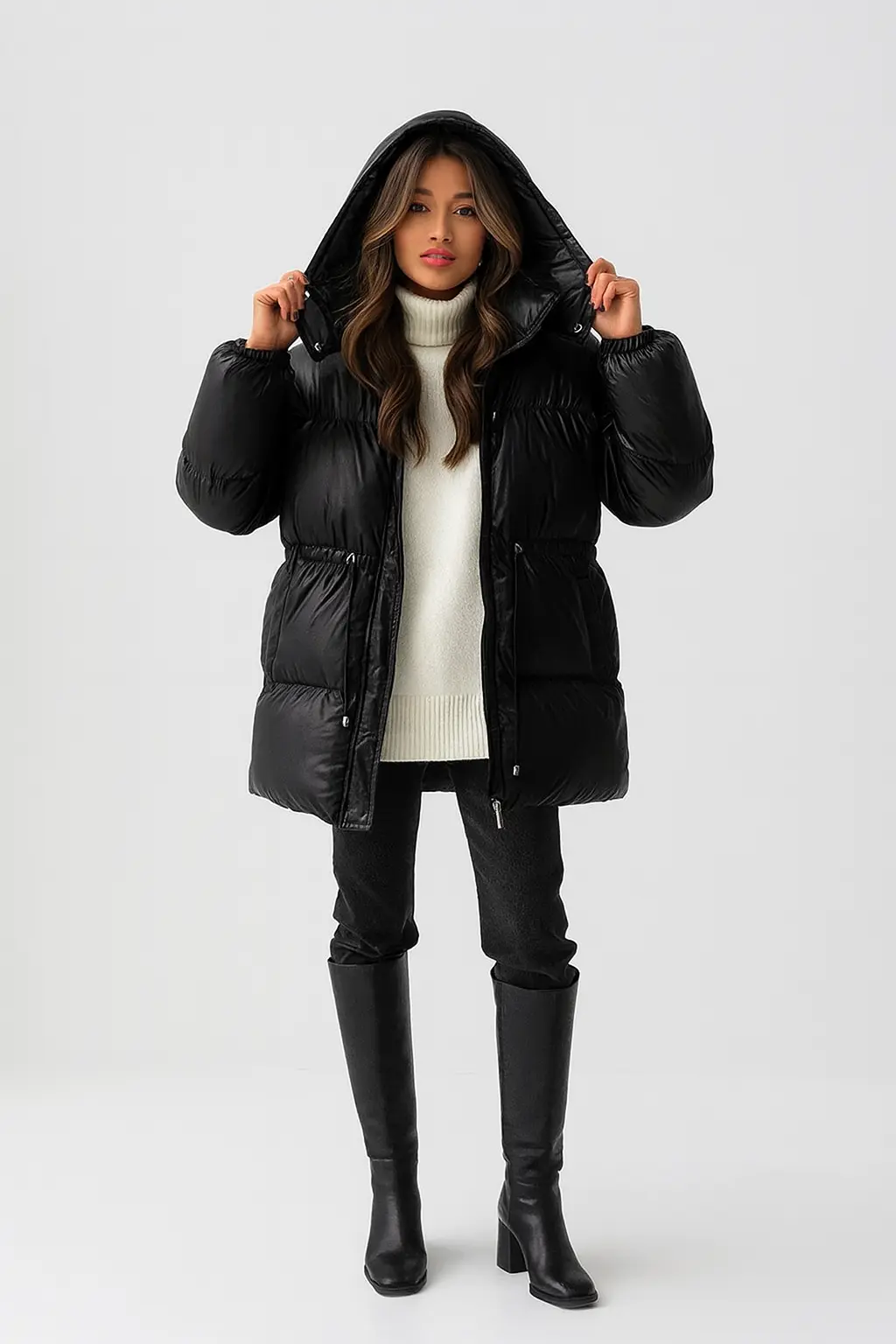 Noella Women’s Puffer Jacket – Warm Stand Collar Coat with Belt & Detachable Hood