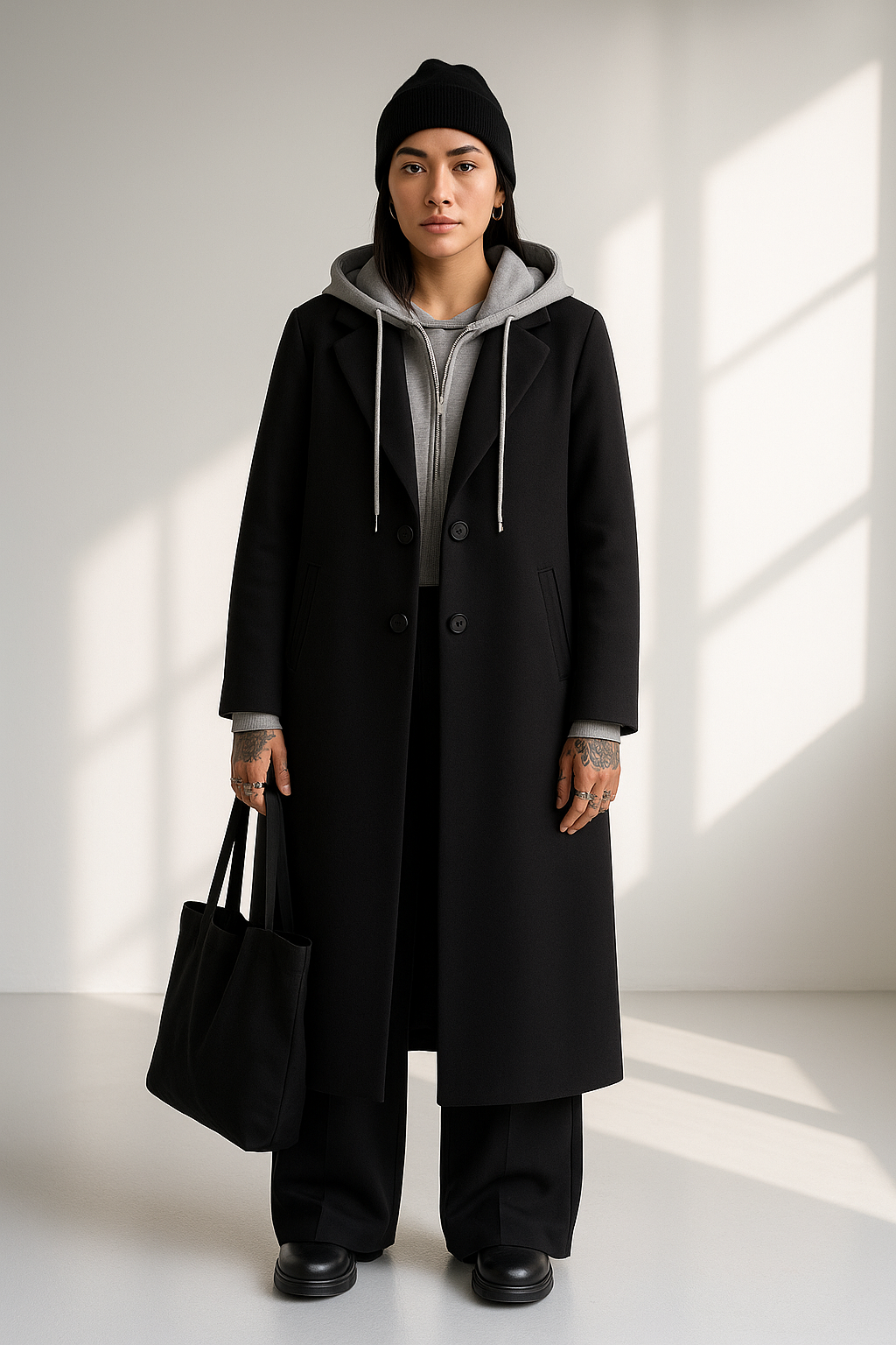 Women’s Long Black Coat with Gray Hoodie – Casual Winter Overcoat for Everyday Style Lumenhaus Collective