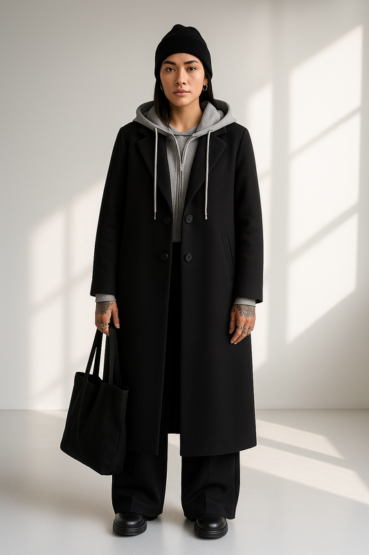Women’s Long Black Coat with Gray Hoodie – Casual Winter Overcoat for Everyday Style Lumenhaus Collective