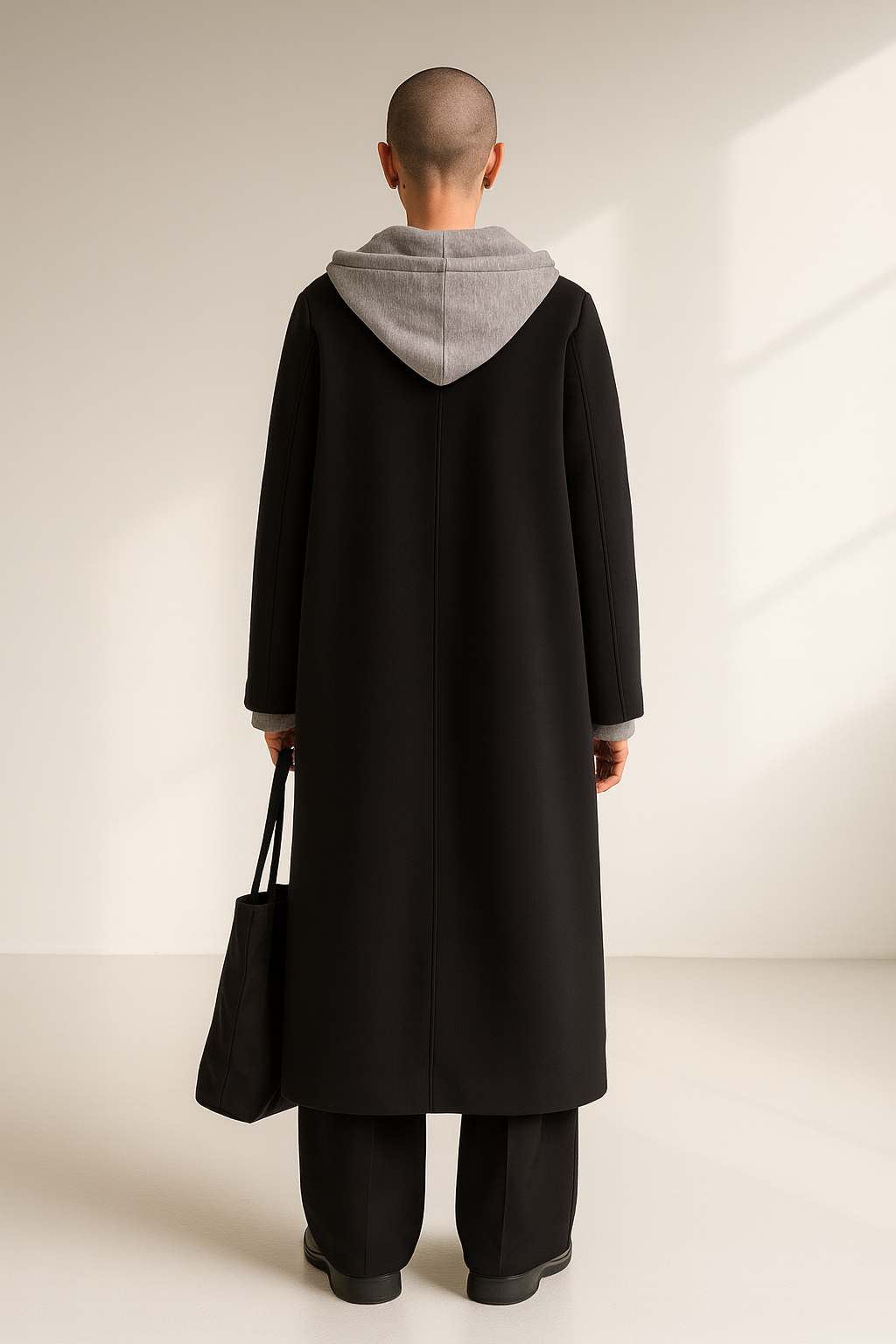 Women’s Long Black Coat with Gray Hoodie – Casual Winter Overcoat for Everyday Style Lumenhaus Collective