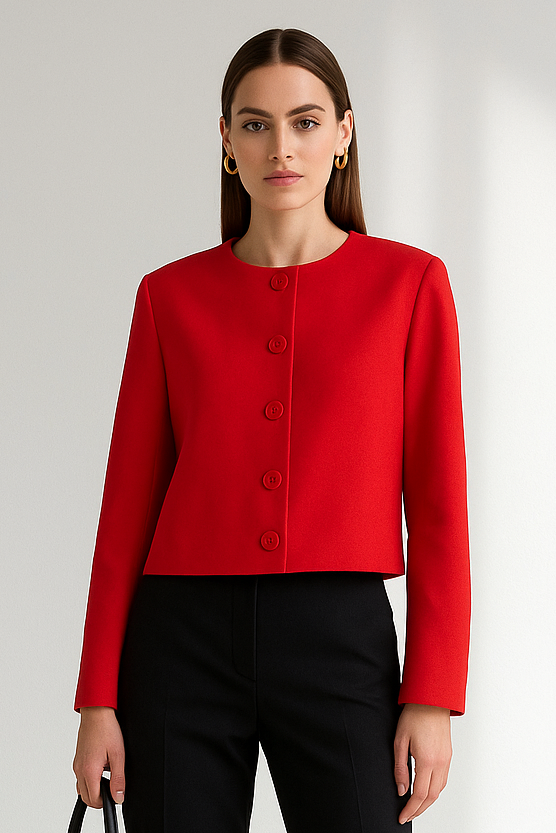 Treya Elegant Women’s Blazer Jacket – Red & Black Long Sleeve Formal Outerwear Lumenhaus Collective