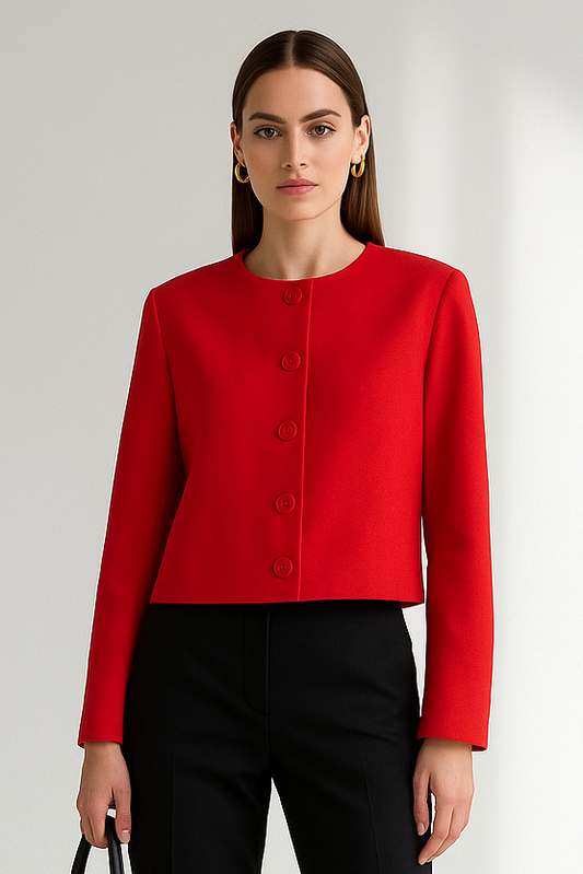 Treya Elegant Women’s Blazer Jacket – Red & Black Long Sleeve Formal Outerwear Lumenhaus Collective