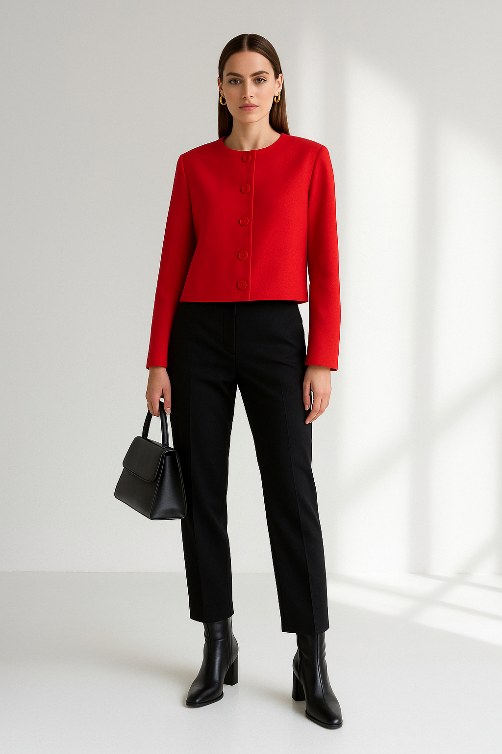Treya Elegant Women’s Blazer Jacket – Red & Black Long Sleeve Formal Outerwear