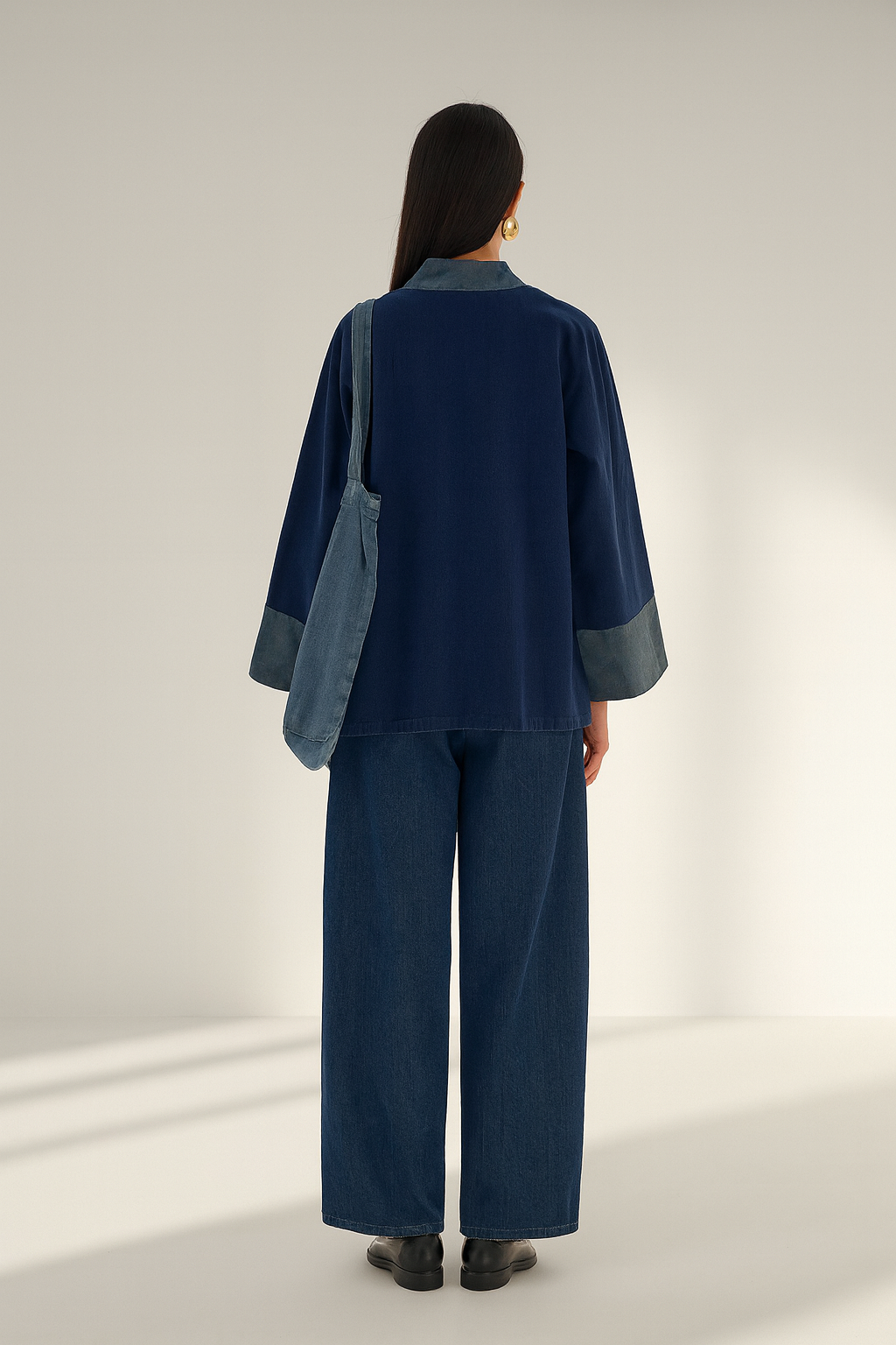 Kori Navy Kimono Style Women's Jacket - Contrast V-Neck & Cuffs | Denim Effect Coat