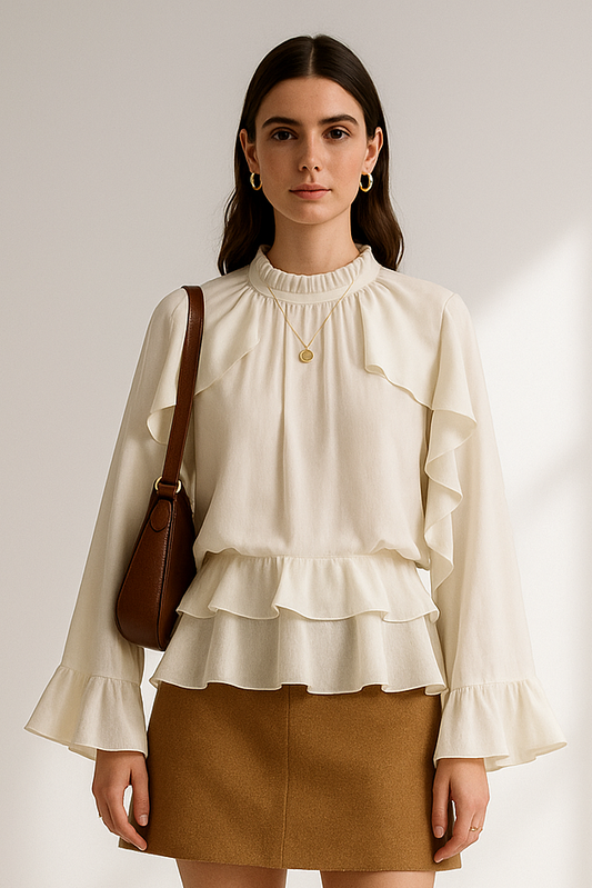 Chel Women's White Ruffle Blouse - Stacked High Neck Loose Fit Spring Summer Shirt Lumenhaus Collective