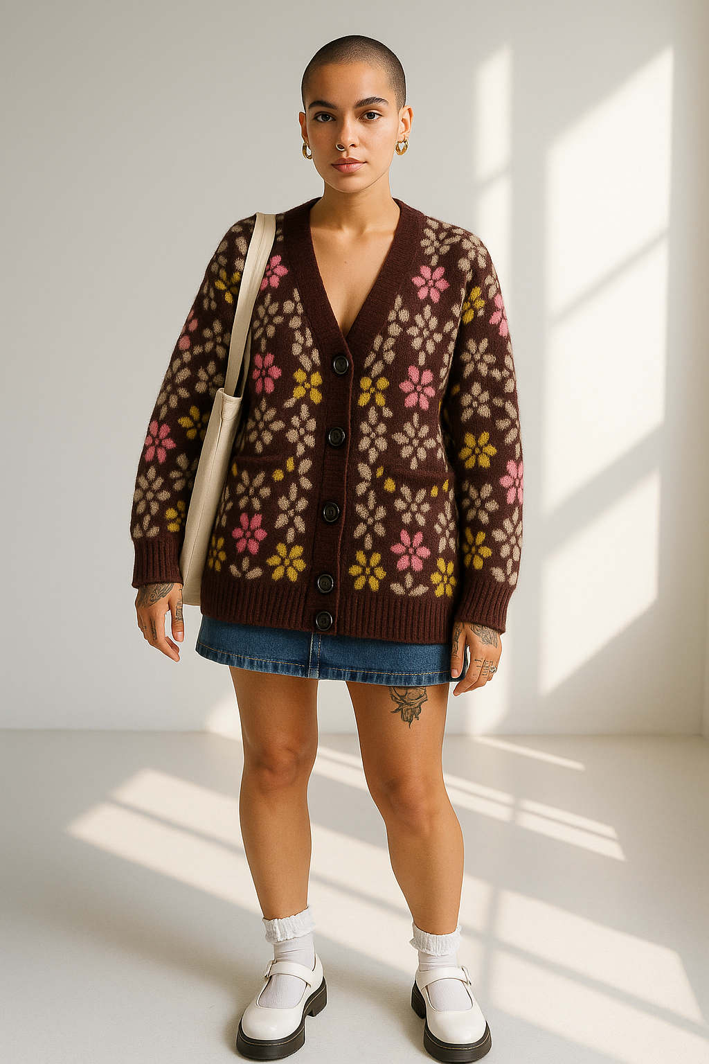 Stevie Women's Cardigan V-Neck Jacquard Sweater - Floral Print Loose Fit Outerwear