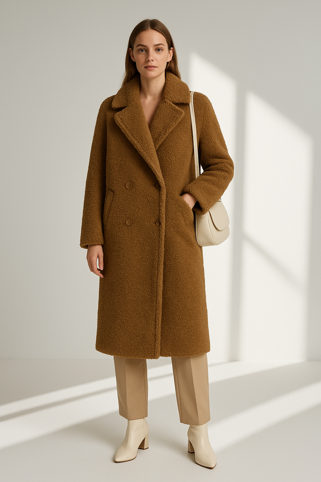Women's Loose Fit Lambswool Fleece Coat - Button-Front Sherpa Long Jacket Lumenhaus Collective