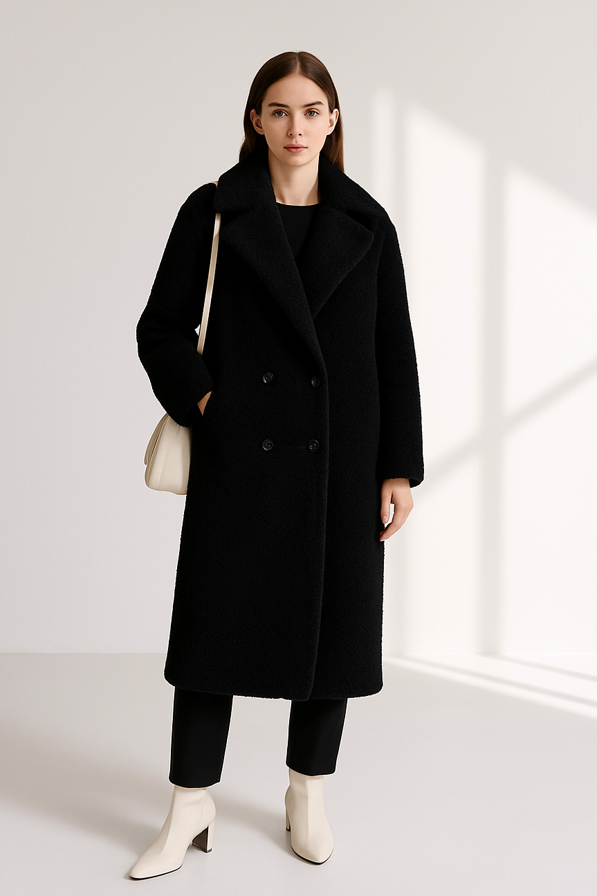 Women's Loose Fit Lambswool Fleece Coat - Button-Front Sherpa Long Jacket Lumenhaus Collective