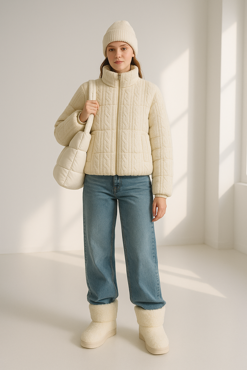 Women's Knitted Puffer Jacket - High Collar Thick Bubble Coat for Winter Lumenhaus Collective