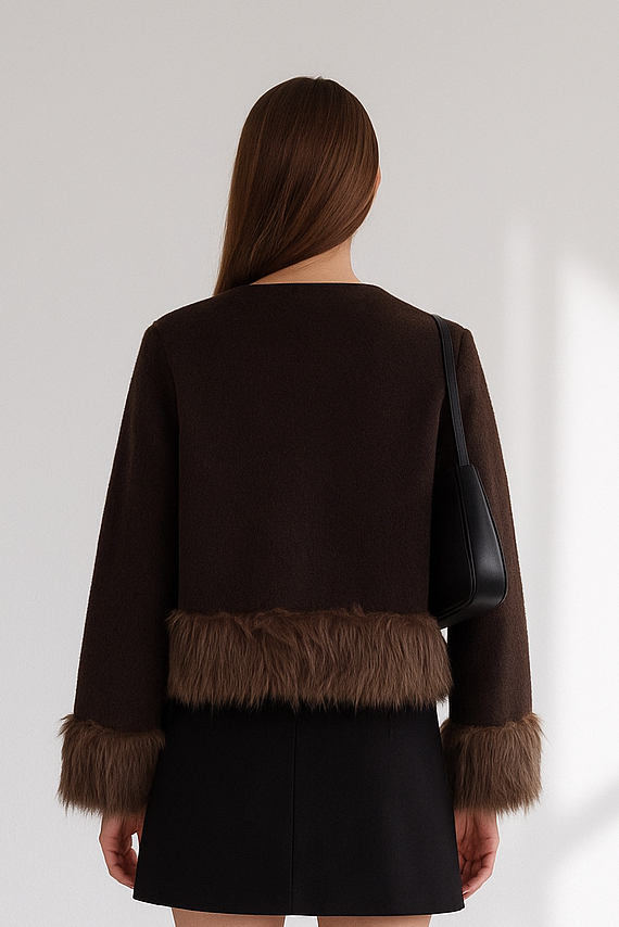 Women's Knit Jacket with Faux Fur Trim - Brown Contrast Sweater Coat Lined Lumenhaus Collective