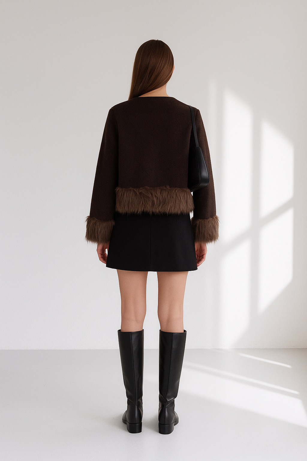 Women's Knit Jacket with Faux Fur Trim - Brown Contrast Sweater Coat Lined Lumenhaus Collective