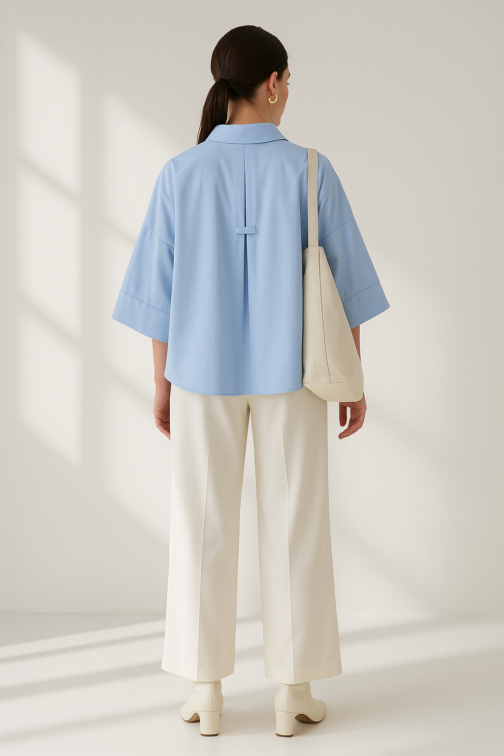 Women's Loose Poplin Shirt - Wide Curled Sleeve Cotton Blend Blouse Lumenhaus Collective