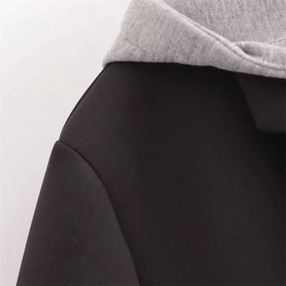 Women’s Long Black Coat with Gray Hoodie – Casual Winter Overcoat for Everyday Style Lumenhaus Collective
