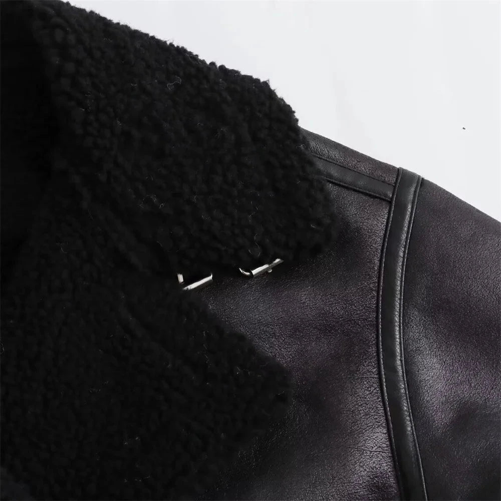 Women's Biker Jacket Reversible Faux Leather- Loose Fit Moto Coat with Belt Lumenhaus Collective
