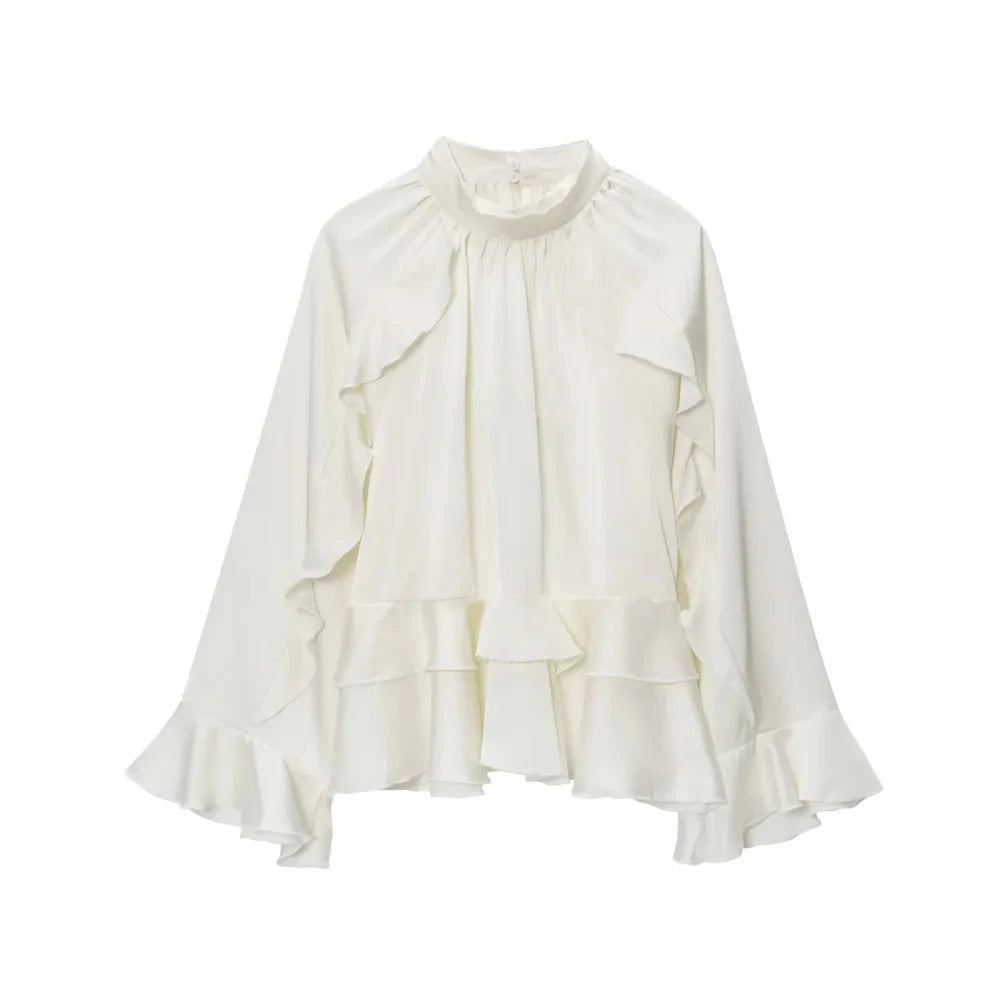 Chel Women's White Ruffle Blouse - Stacked High Neck Loose Fit Spring Summer Shirt Lumenhaus Collective