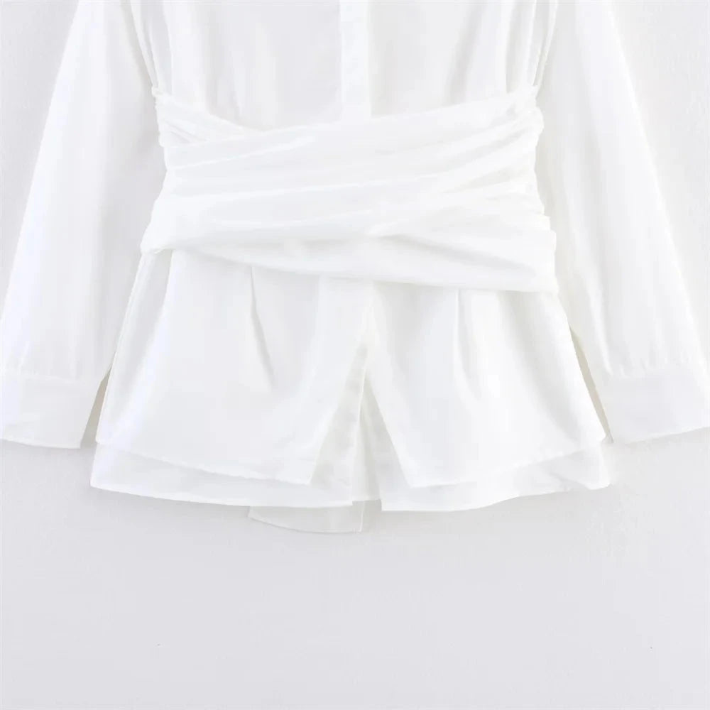 Chloe White Tie-Waist Blouse - Long Sleeve Collared Button-Down Shirt for Women Lumenhaus Collective
