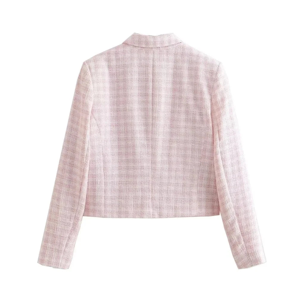 Ella Women's Pink Checkered Tweed Cropped Jacket - Lapel Button Pocket Outerwear Lumenhaus Collective