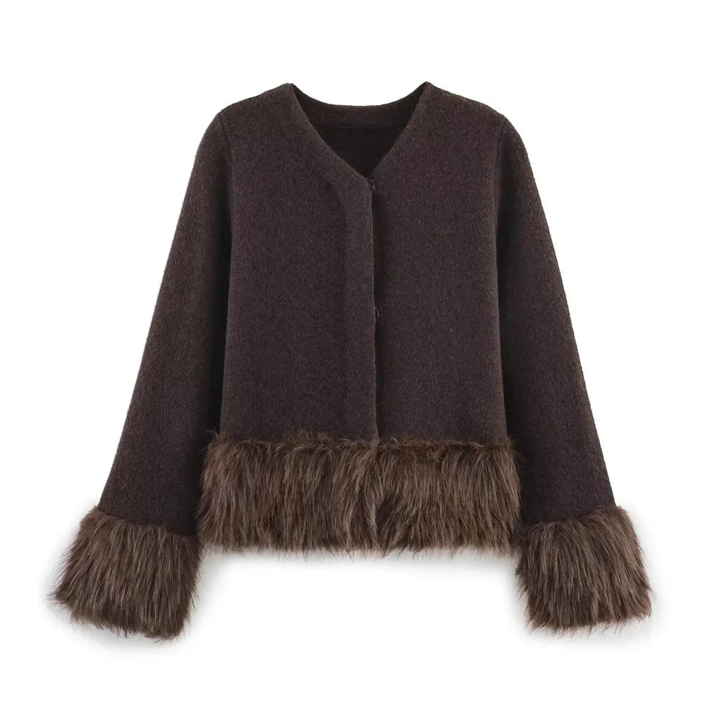 Women's Knit Jacket with Faux Fur Trim - Brown Contrast Sweater Coat Lined Lumenhaus Collective