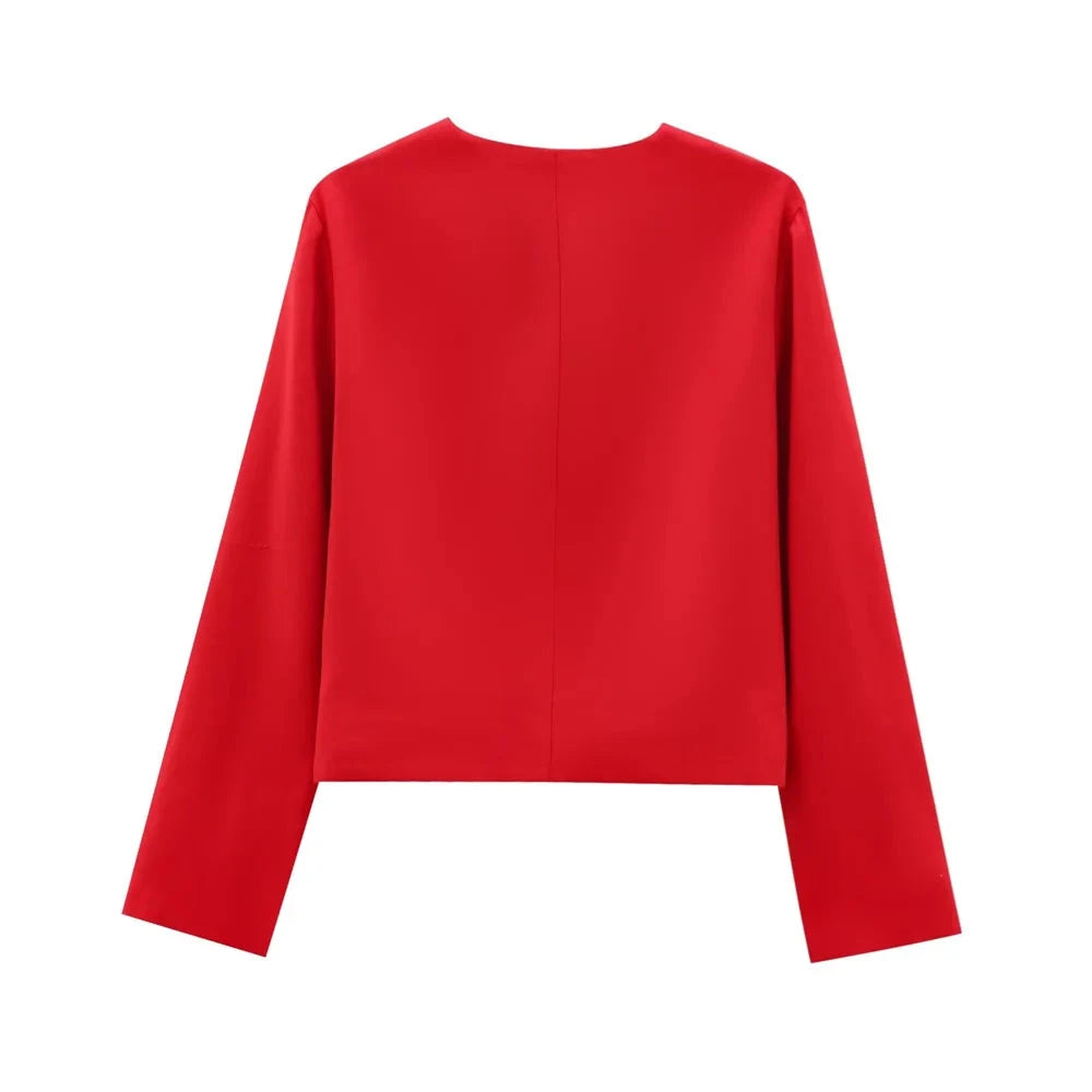 Treya Elegant Women’s Blazer Jacket – Red & Black Long Sleeve Formal Outerwear Lumenhaus Collective