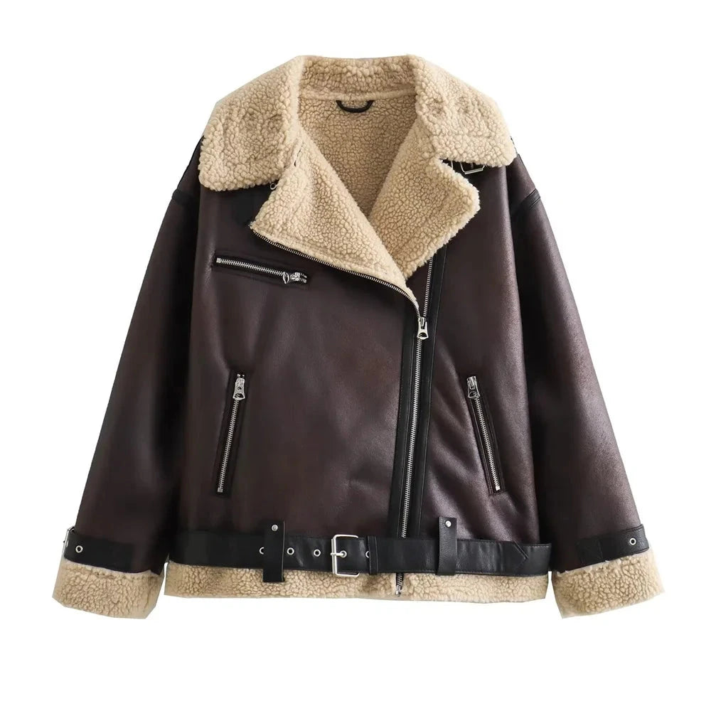 Women's Biker Jacket Reversible Faux Leather- Loose Fit Moto Coat with Belt Lumenhaus Collective