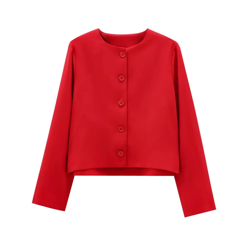 Treya Elegant Women’s Blazer Jacket – Red & Black Long Sleeve Formal Outerwear Lumenhaus Collective