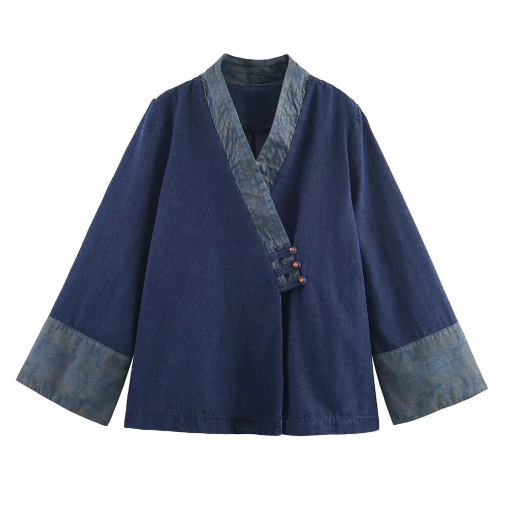 Kori Women's Navy Kimono Style Jacket - Contrast V-Neck & Cuffs | Denim Effect Coat Lumenhaus Collective
