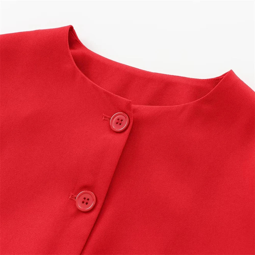 Treya Elegant Women’s Blazer Jacket – Red & Black Long Sleeve Formal Outerwear Lumenhaus Collective