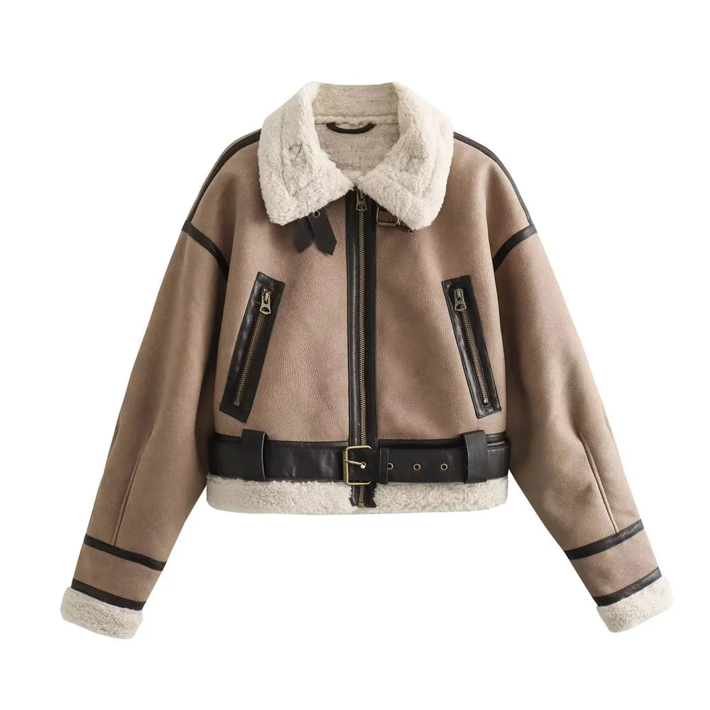 Women's Faux Shearling Short Jacket - Loose Fit Flip Collar Fall Winter Coat Lumenhaus Collective