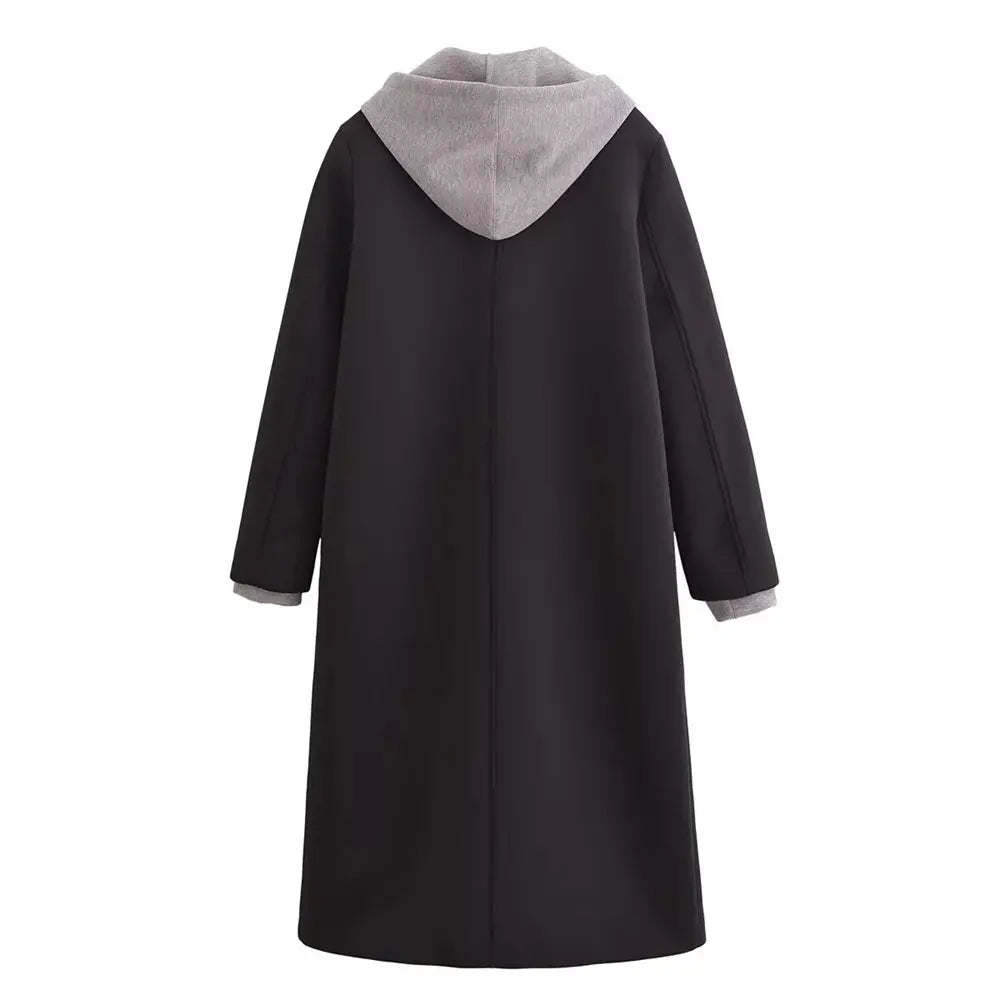 Women’s Long Black Coat with Gray Hoodie – Casual Winter Overcoat for Everyday Style Lumenhaus Collective