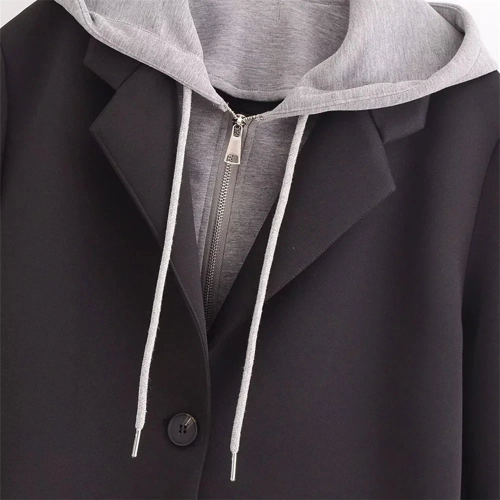 Women’s Long Black Coat with Gray Hoodie – Casual Winter Overcoat for Everyday Style Lumenhaus Collective