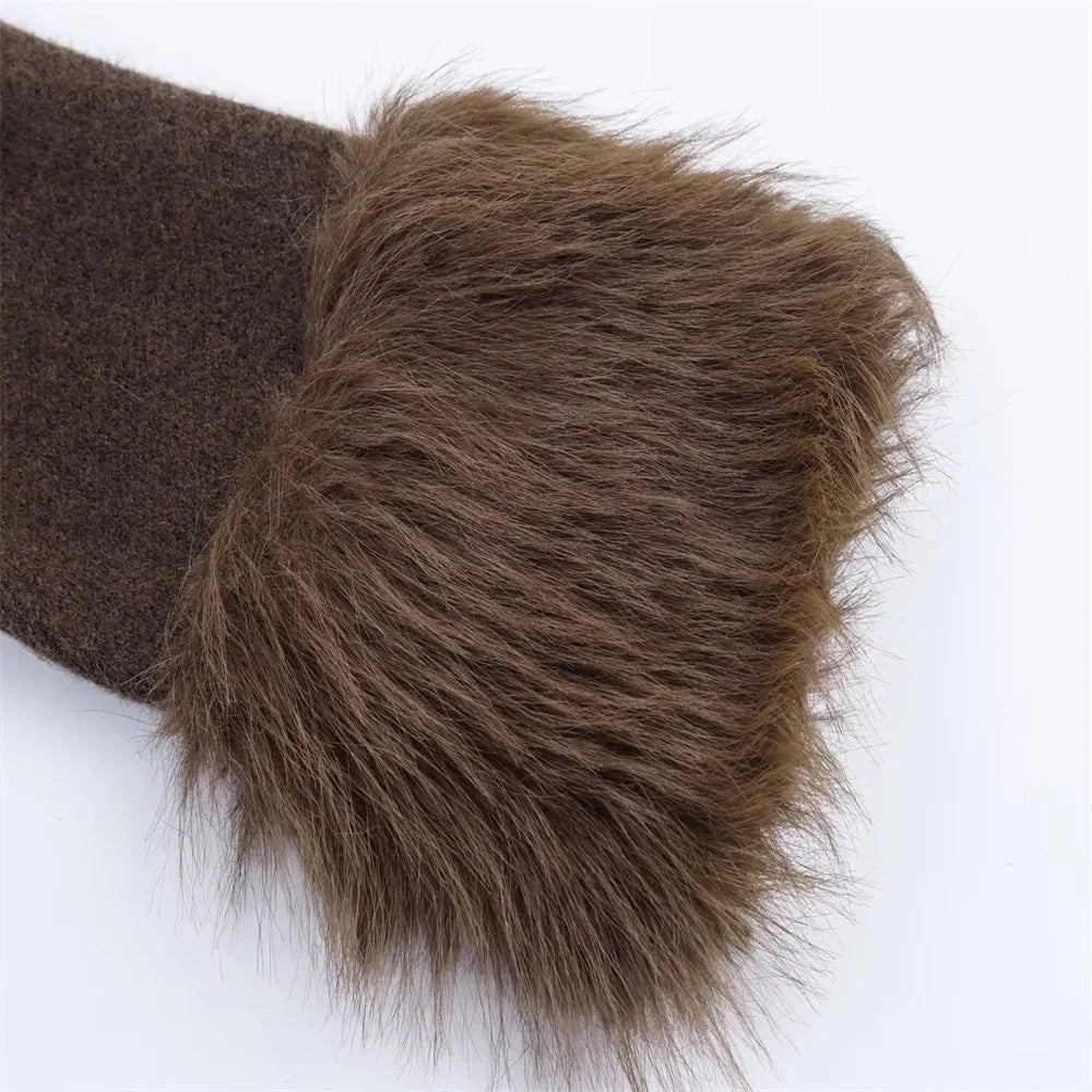 Women's Knit Jacket with Faux Fur Trim - Brown Contrast Sweater Coat Lined Lumenhaus Collective