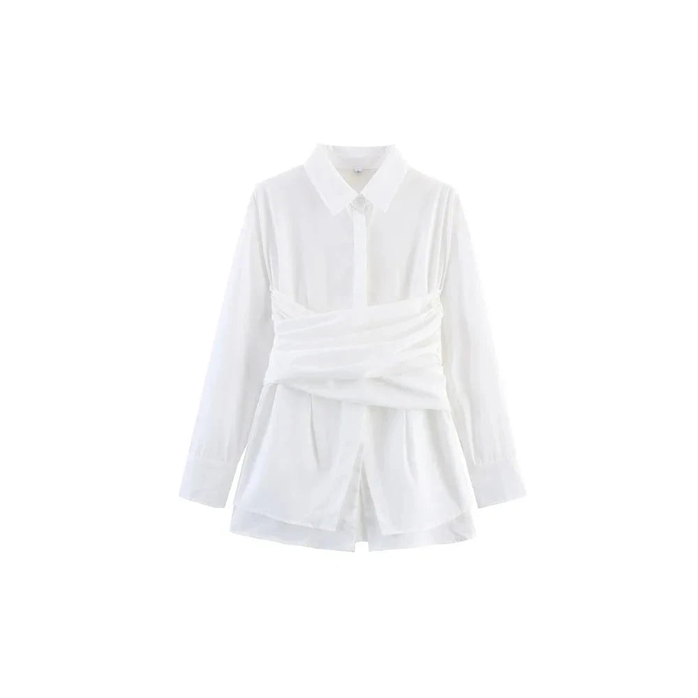 Chloe White Tie-Waist Blouse - Long Sleeve Collared Button-Down Shirt for Women Lumenhaus Collective