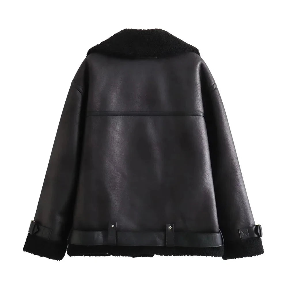 Women's Biker Jacket Reversible Faux Leather- Loose Fit Moto Coat with Belt Lumenhaus Collective