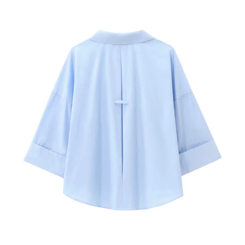 Women's Loose Poplin Shirt - Wide Curled Sleeve Cotton Blend Blouse Lumenhaus Collective