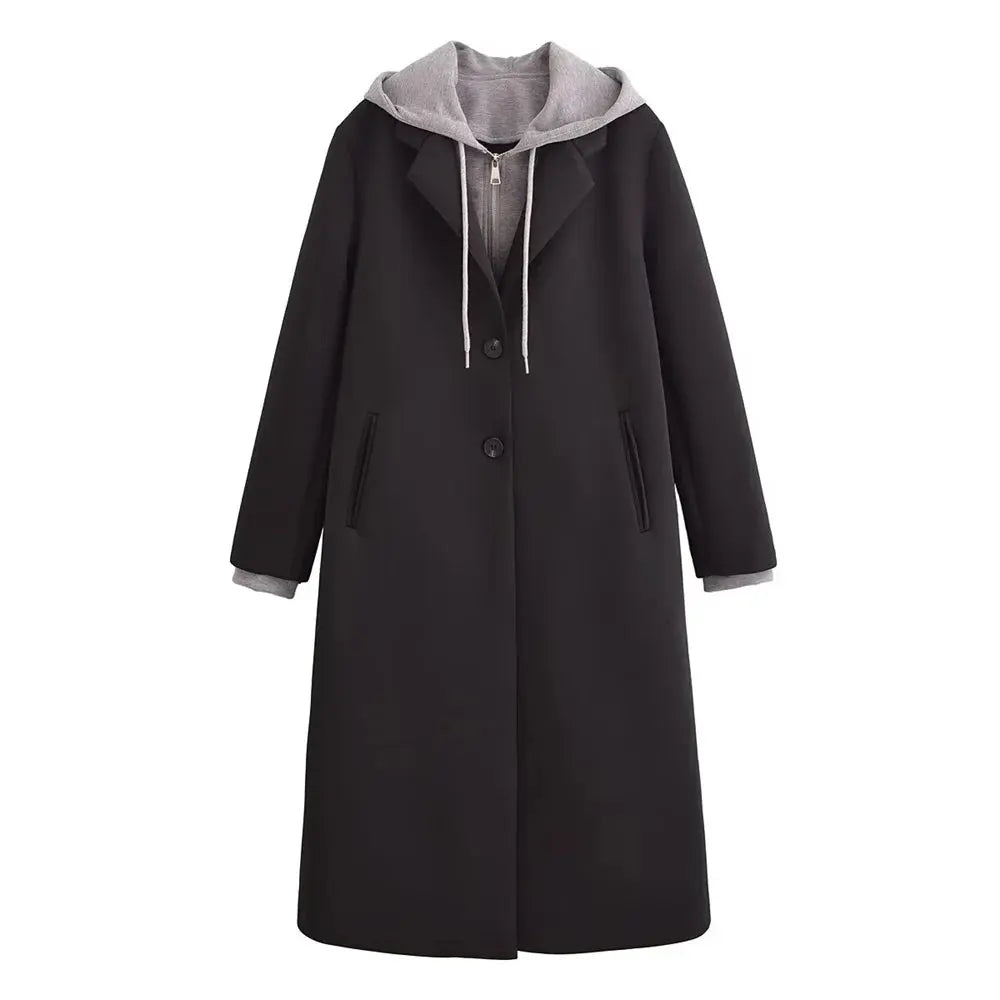 Women’s Long Black Coat with Gray Hoodie – Casual Winter Overcoat for Everyday Style Lumenhaus Collective