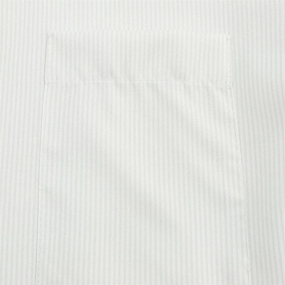 Fava Women's White Stand Collar Blouse - Striped Pleated Effect Long Sleeve Shirt Lumenhaus Collective