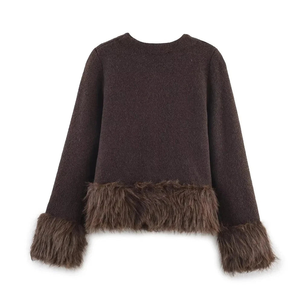 Women's Knit Jacket with Faux Fur Trim - Brown Contrast Sweater Coat Lined Lumenhaus Collective