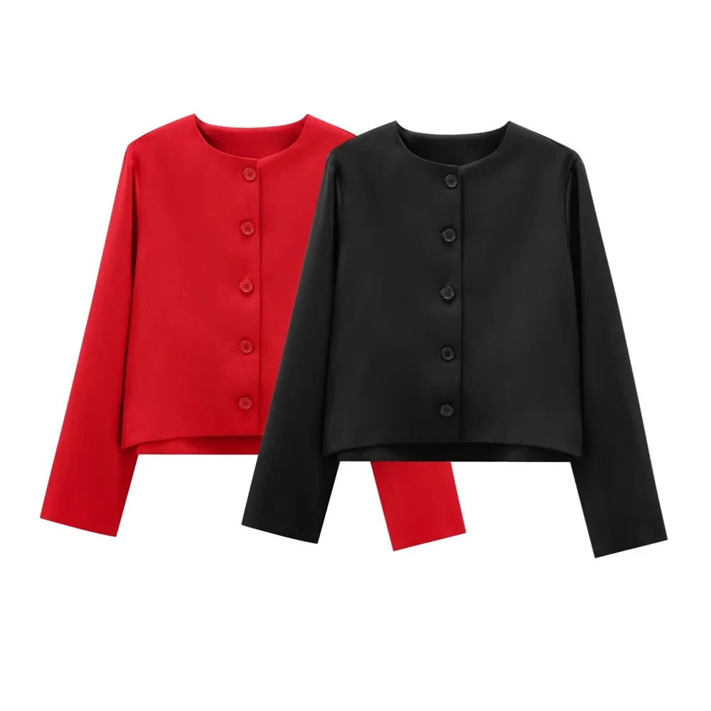 Treya Elegant Women’s Blazer Jacket – Red & Black Long Sleeve Formal Outerwear Lumenhaus Collective