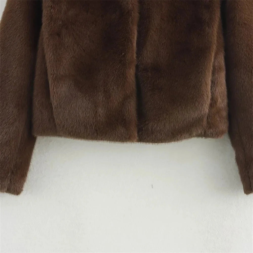 Women's Faux Fur Brown Lapel Jacket - Long Sleeve Coat for Fall & Winter Lumenhaus Collective