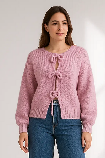 Women’s Tie Front Knit Sweater – Soft Long Sleeve Cardigan with Round Neck, Loose Fit Lumenhaus Collective