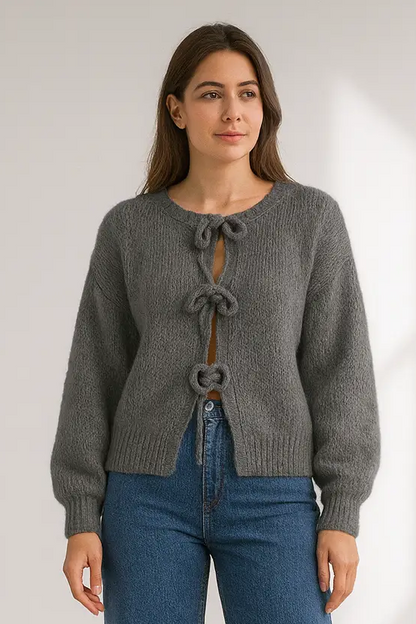 Women’s Tie Front Knit Sweater – Soft Long Sleeve Cardigan with Round Neck, Loose Fit Lumenhaus Collective