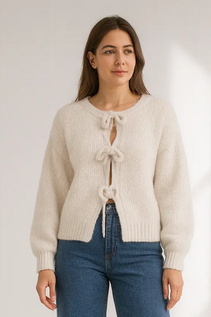 Women’s Tie Front Knit Sweater – Soft Long Sleeve Cardigan with Round Neck, Loose Fit Lumenhaus Collective