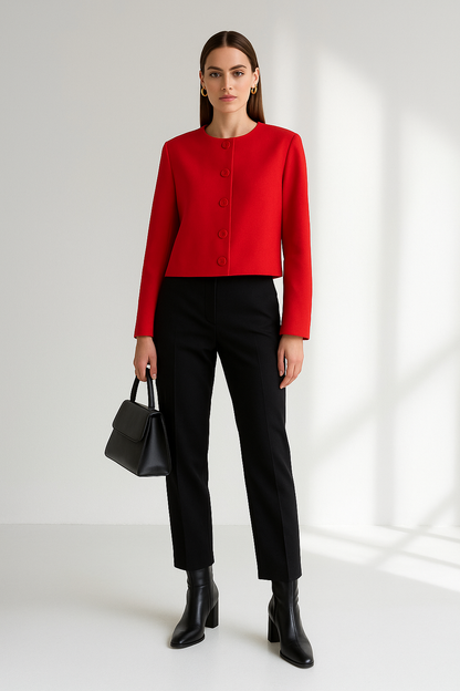 Treya Elegant Women’s Blazer Jacket – Red & Black Long Sleeve Formal Outerwear