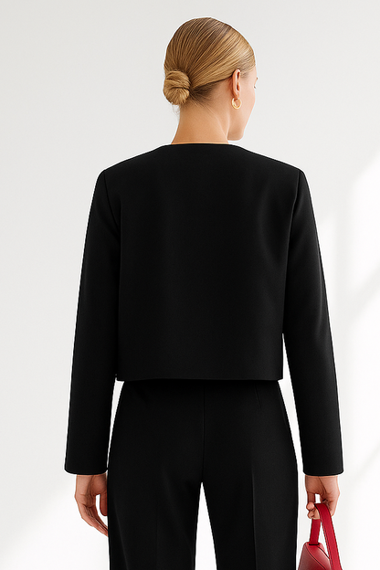 Treya Elegant Women’s Blazer Jacket – Red & Black Long Sleeve Formal Outerwear Lumenhaus Collective